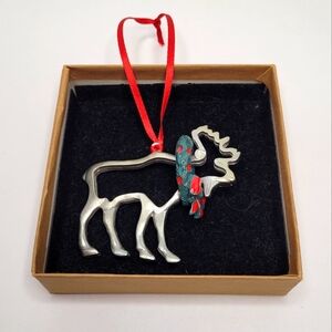 Hand Crafted Pewter Reindeer Ornament with Enameled Wreath NWT